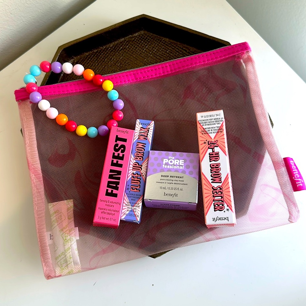Benefit Makeup bundle with beaded mesh wristlet